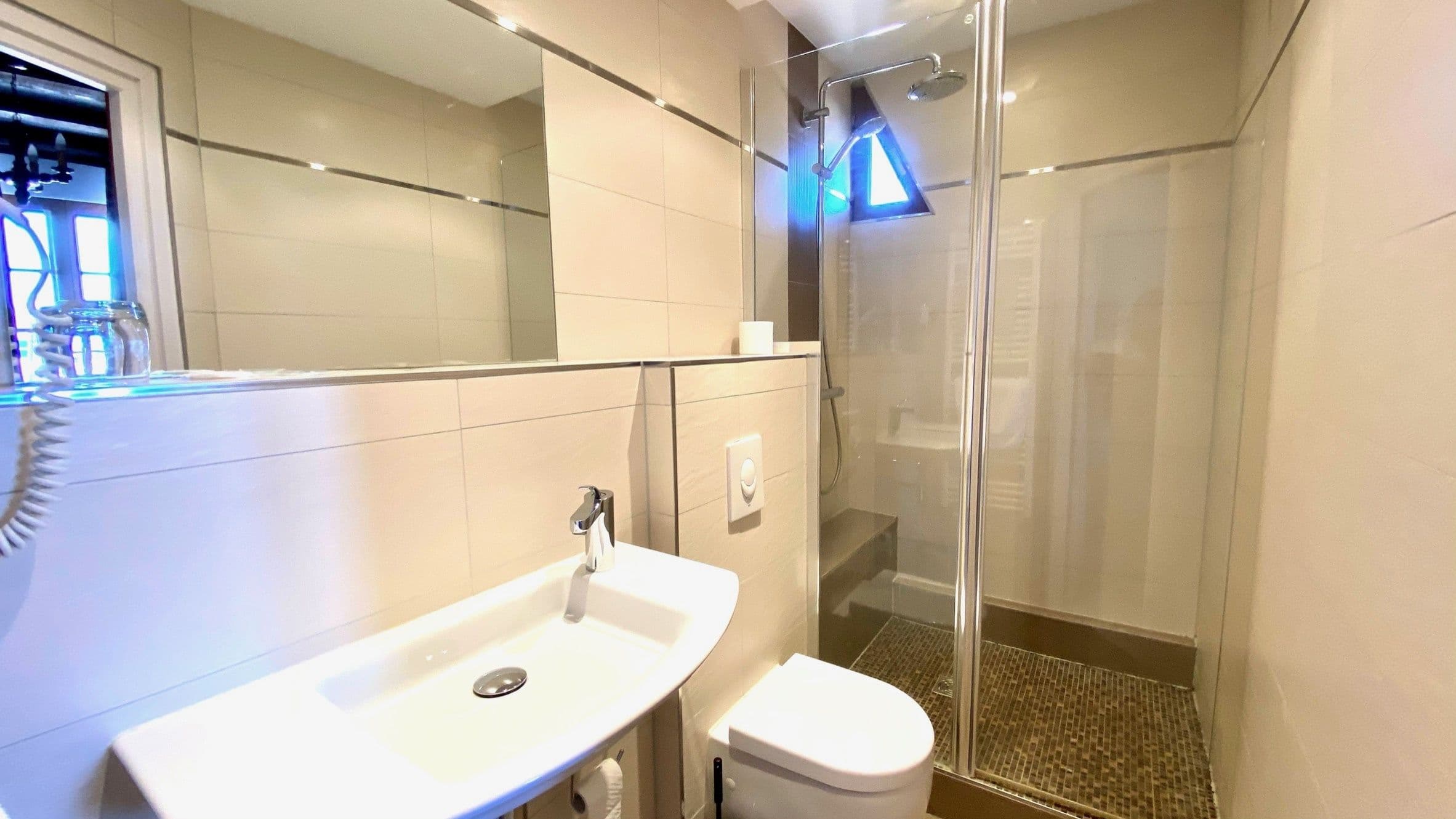 Salle de bains privative moderne et compacte avec douche à l'italienne, lavabo blanc et WC suspendu sur carrelage neutre.