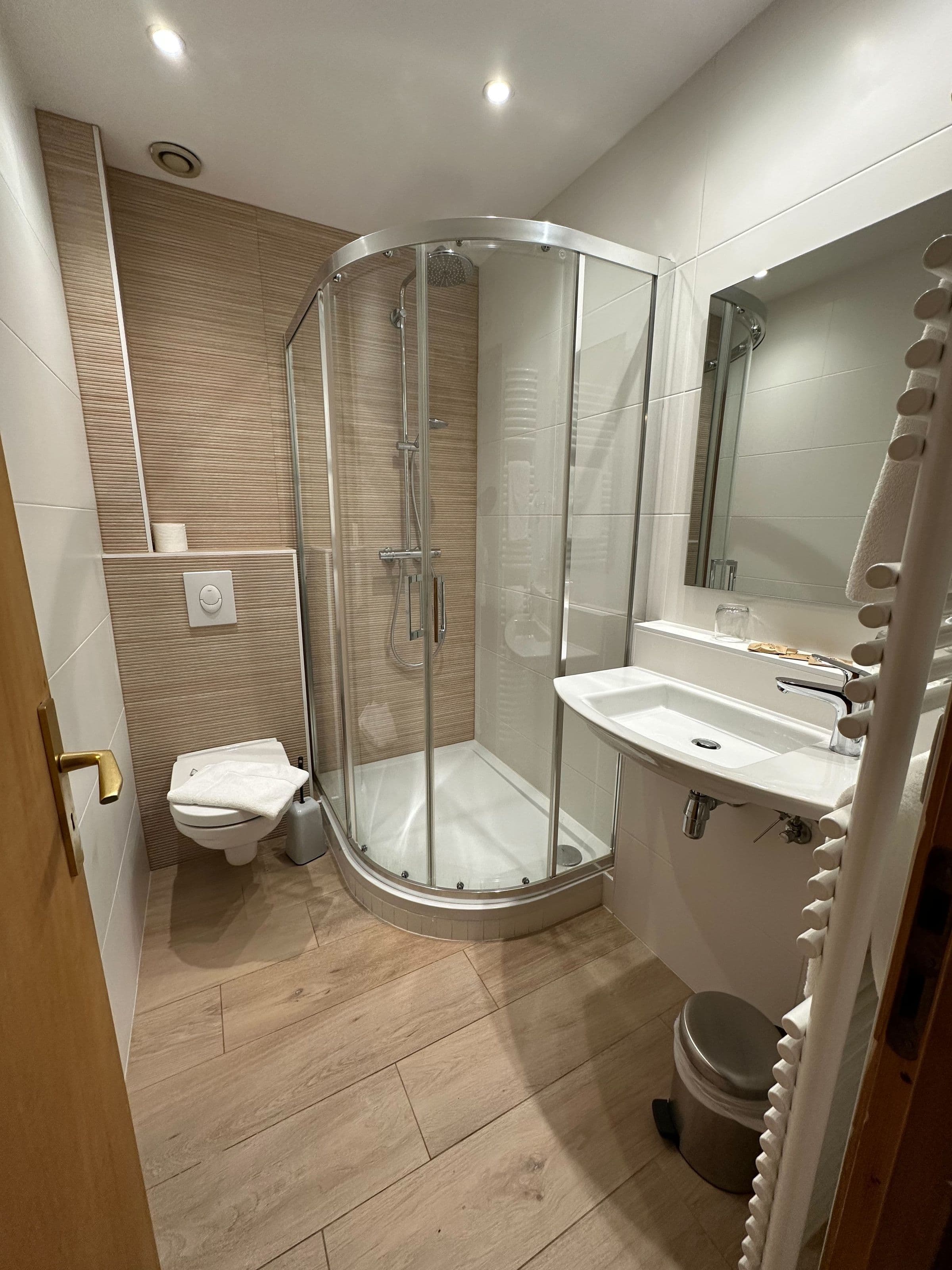Salle de bain compacte et moderne avec douche vitrée arrondie, WC suspendu et lavabo blanc sur un sol aspect bois et carrelage neutre.